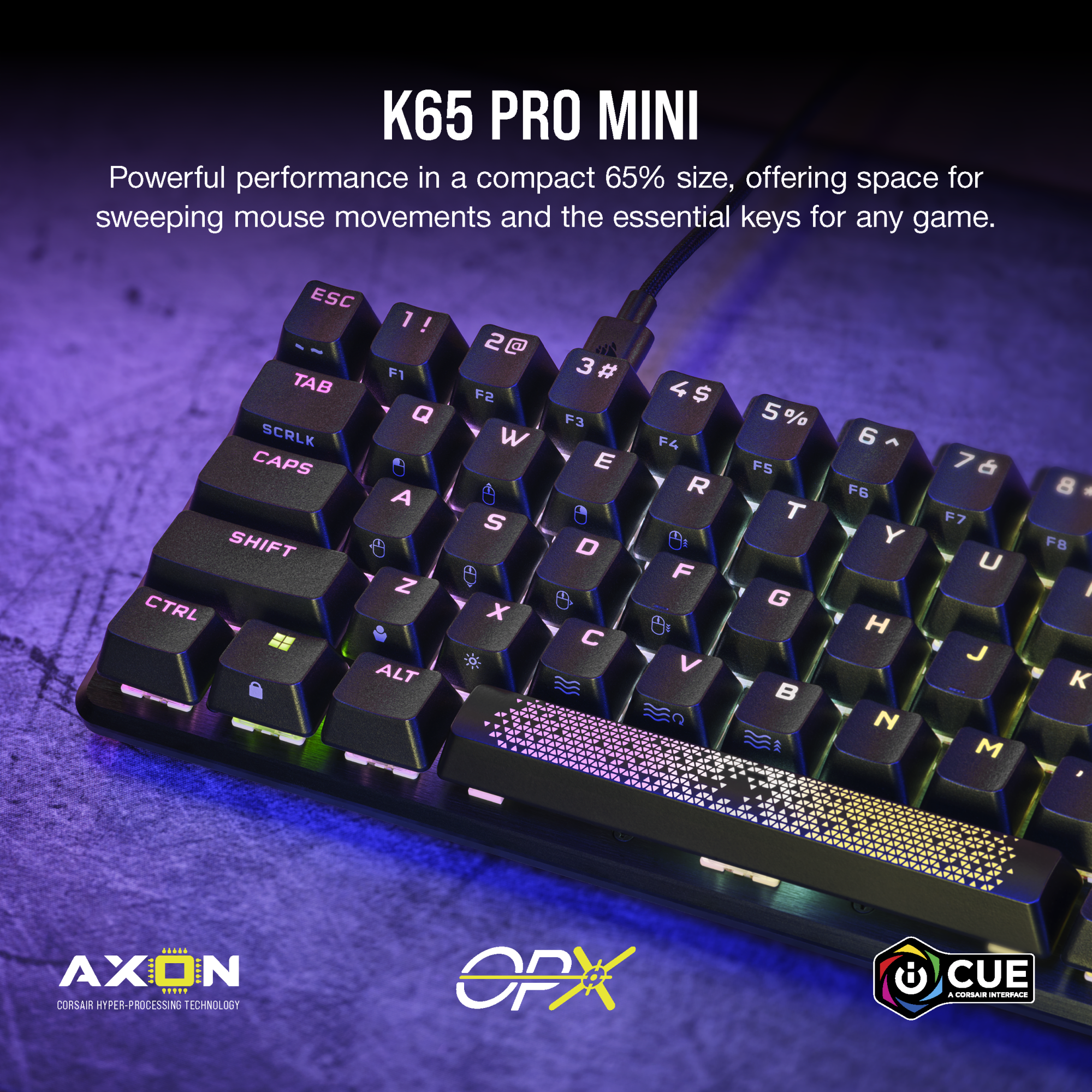 Schwarz-graue Tastatur mit beleuchteten Tasten. Oben steht K65 PRO MINI.