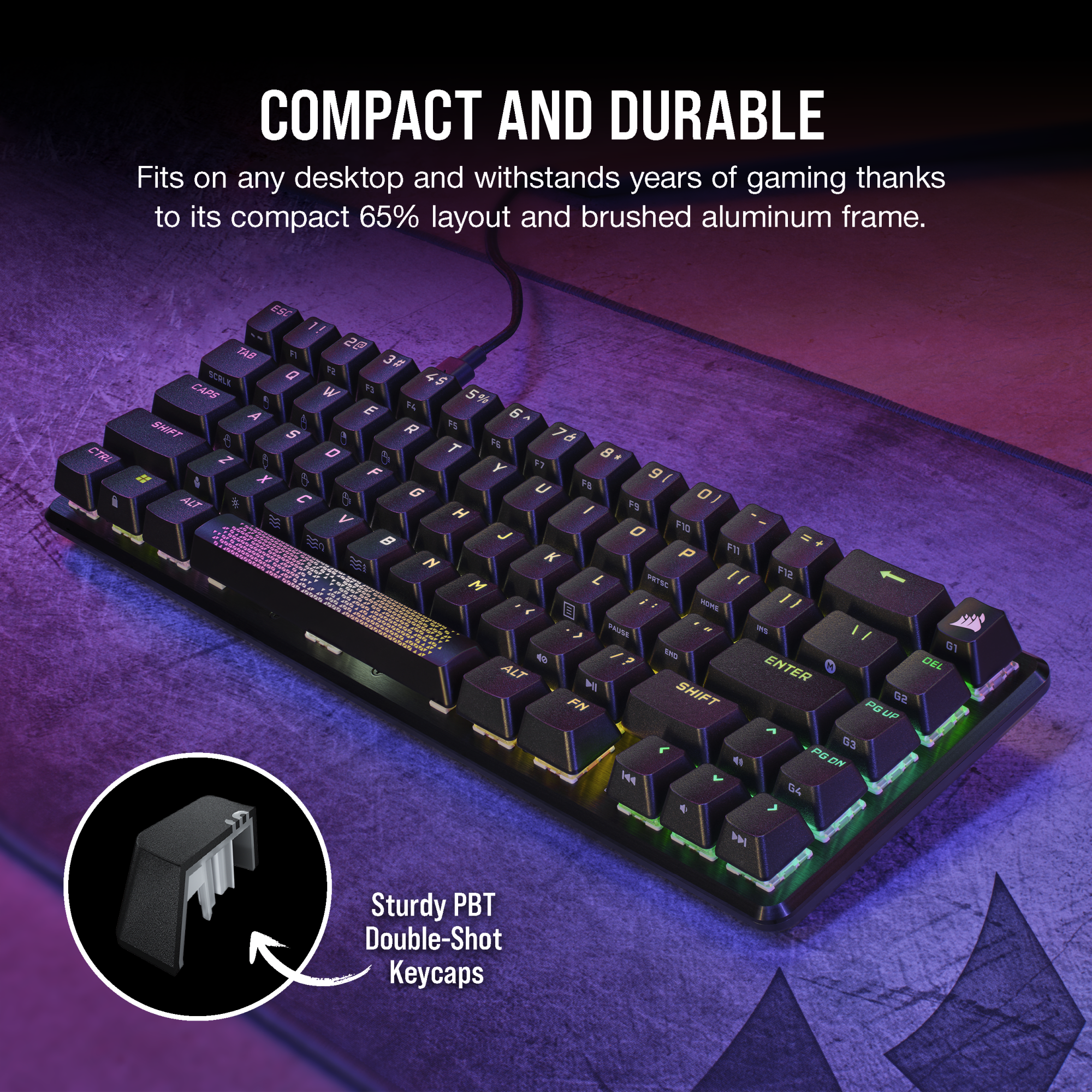 Schwarze Gaming-Tastatur mit bunten Tasten auf strukturierter Oberfläche.
