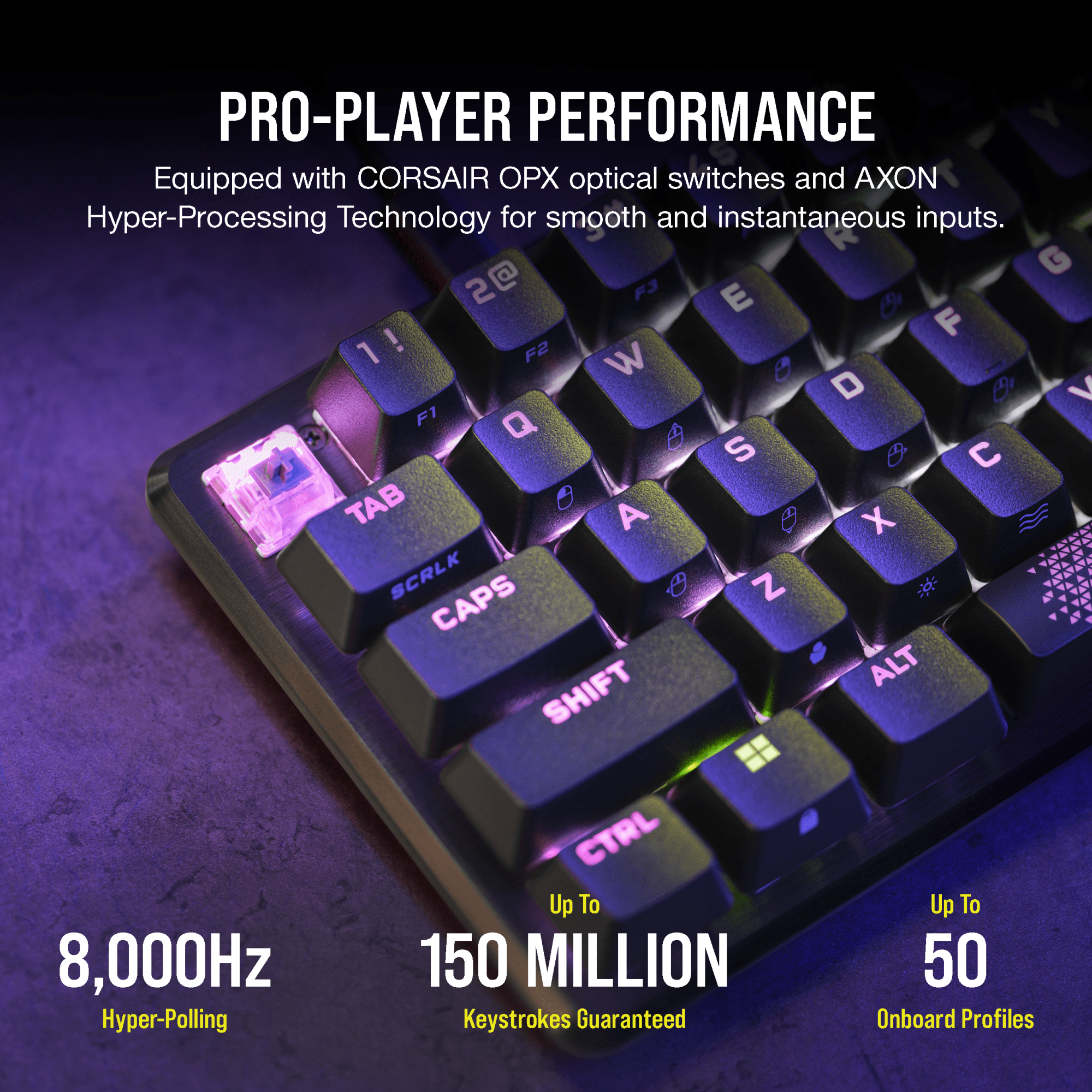Nahaufnahme einer Gaming-Tastatur mit beleuchteten Tasten. Die Tasten haben lila und grüne Lichter.