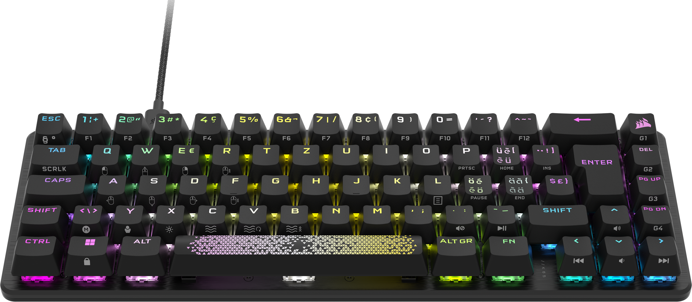 Schwarze mechanische Tastatur mit beleuchteten Tasten. Tasten sind verschiedenfarbig. Draufsicht.