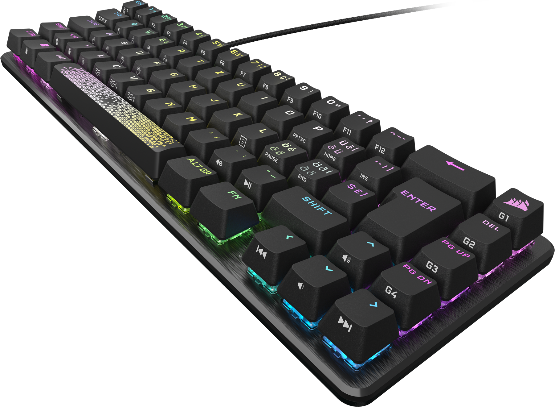 Schwarze und graue Tastatur mit farbigen Tastenkappen, auf schwarzem Hintergrund.