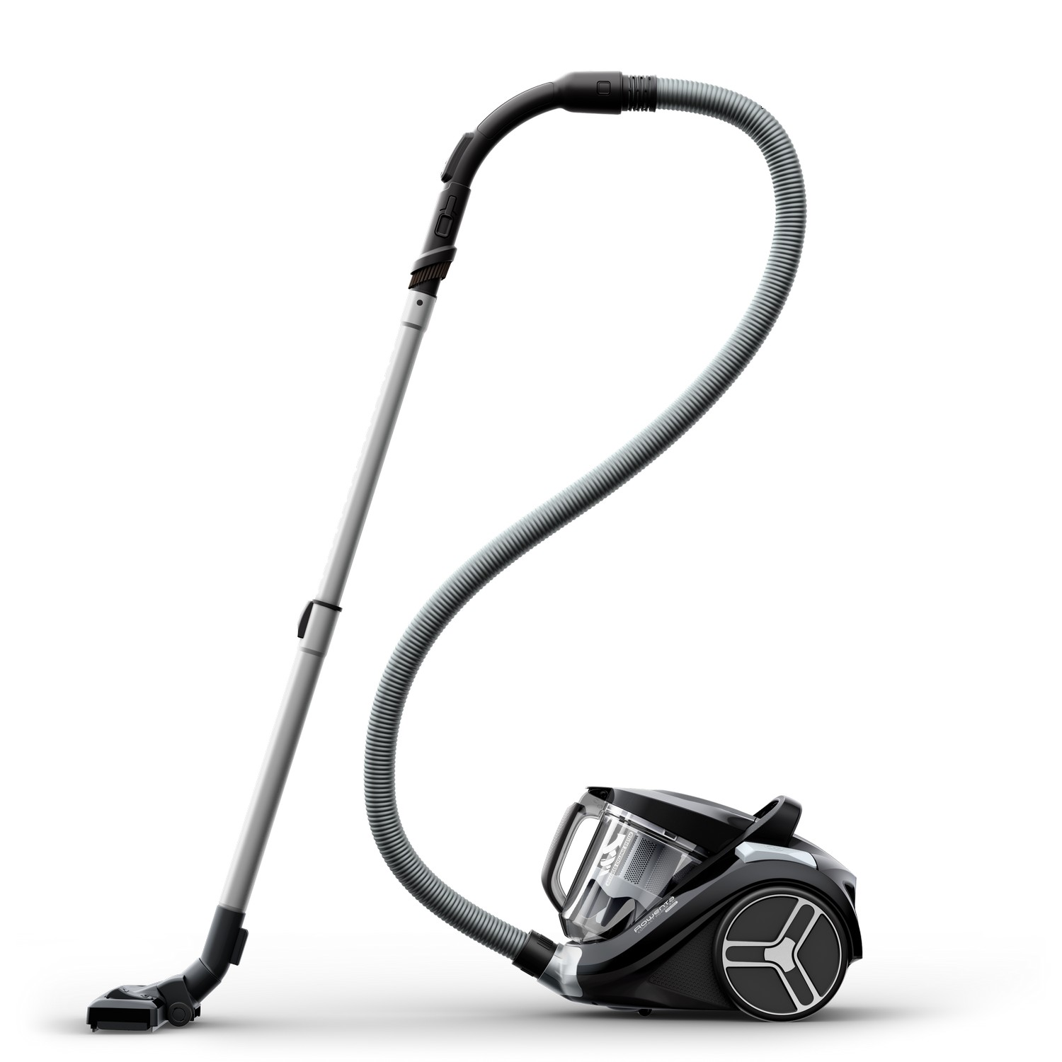 A black Rowenta vacuum cleaner with a long silver tube and hose, set against a white background.