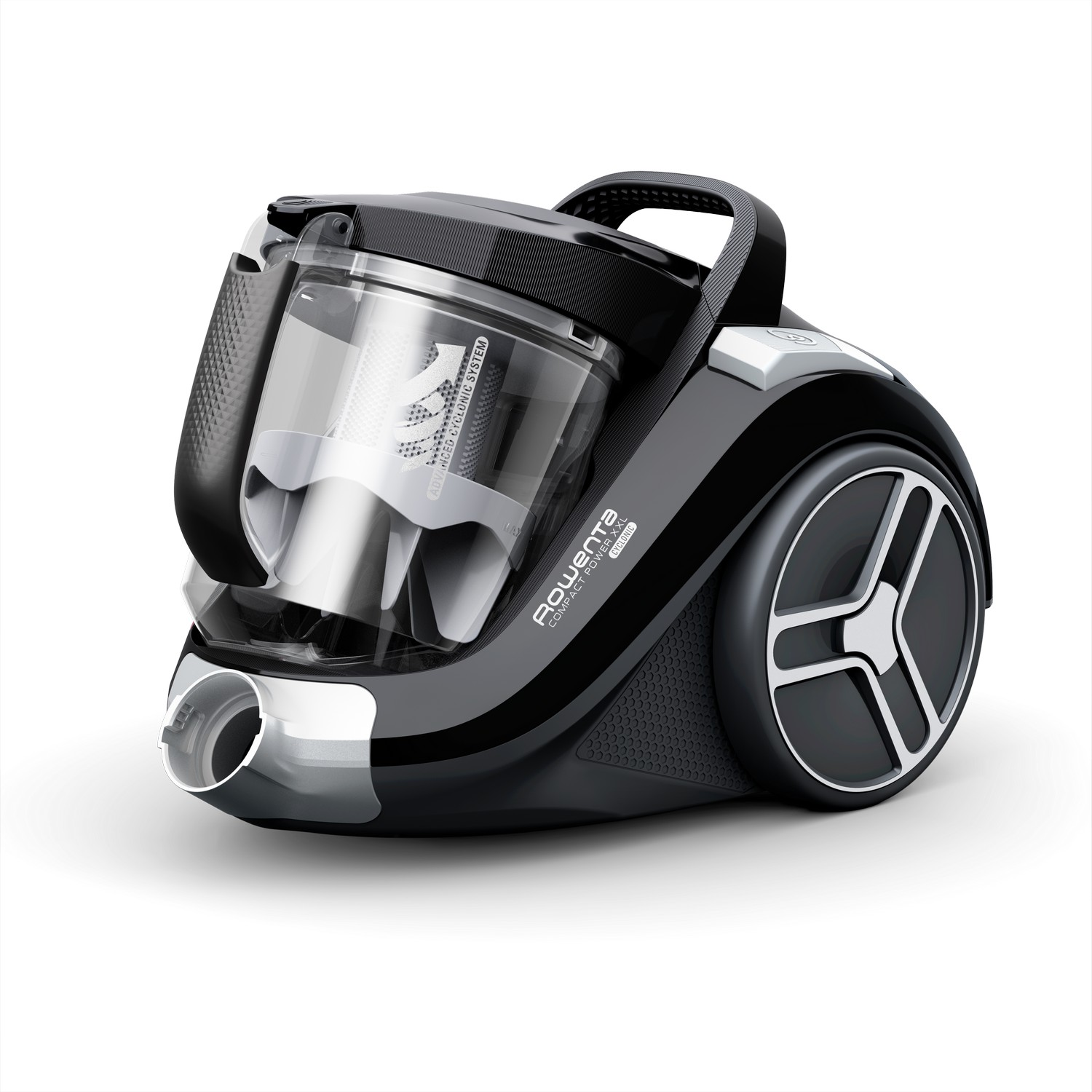 Black and silver Rowenta vacuum cleaner. It has a transparent dust container and large wheels.