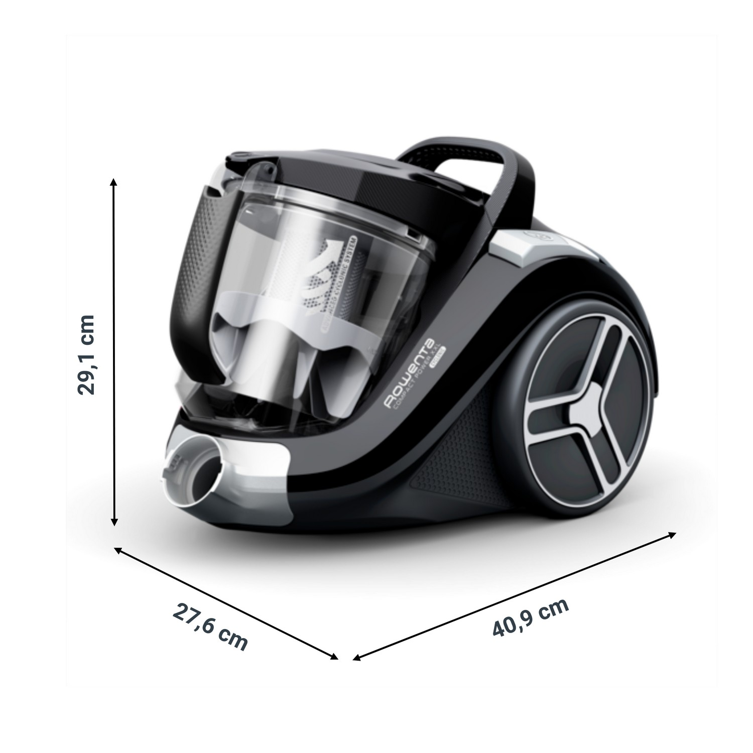 Black and silver Rowenta vacuum cleaner with dimensions labeled on a white background.