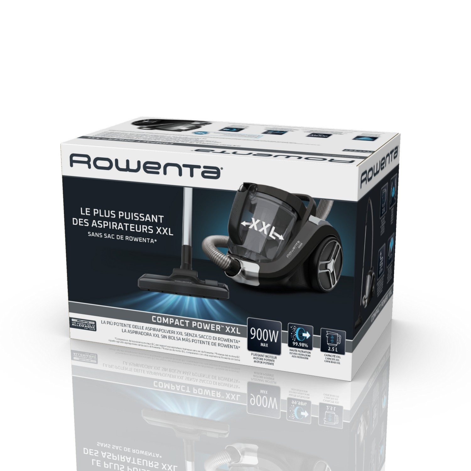 A vacuum cleaner box with text and an image of the vacuum cleaner.