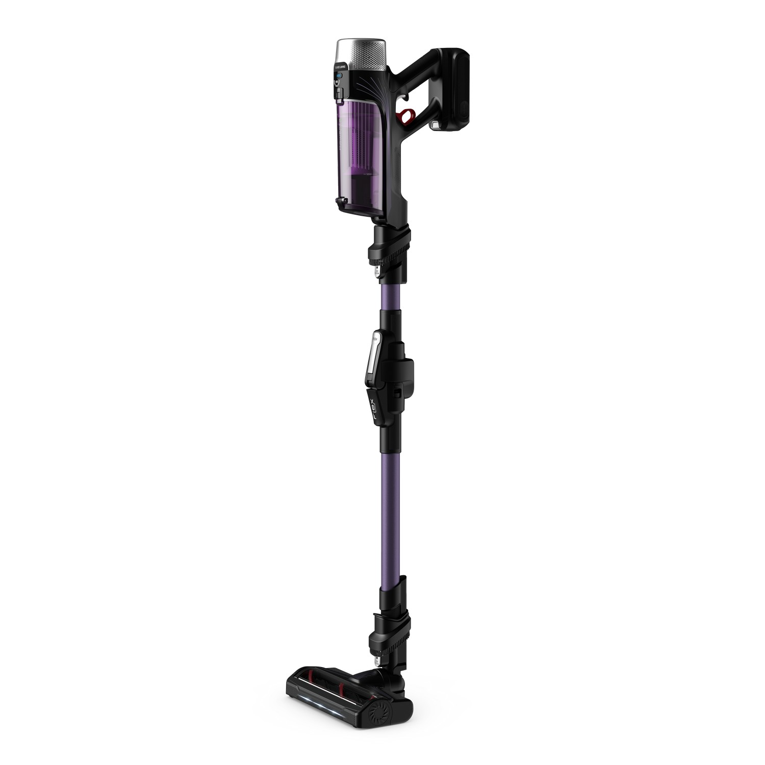 A black and purple cordless vacuum cleaner, showing the body and extension wand. White background.
