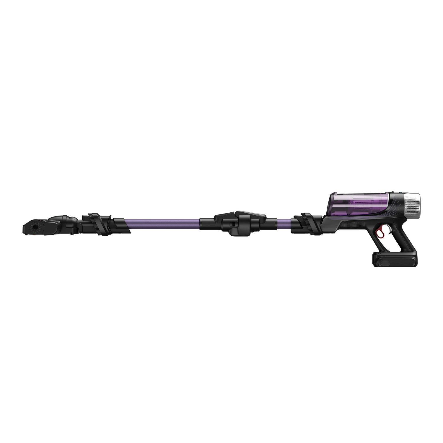 Black and purple vacuum cleaner. White background.