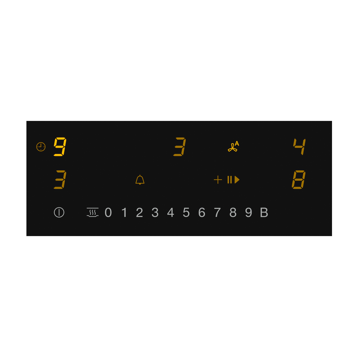 Pannello di controllo nero con numeri e simboli gialli. Numeri 3, 4, 8 e 9 visibili.