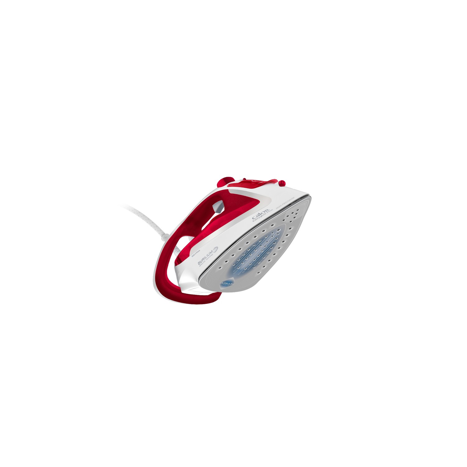 Fer à repasser blanc et rouge, vue en angle. La semelle du fer est visible, avec le logo de la marque en haut.