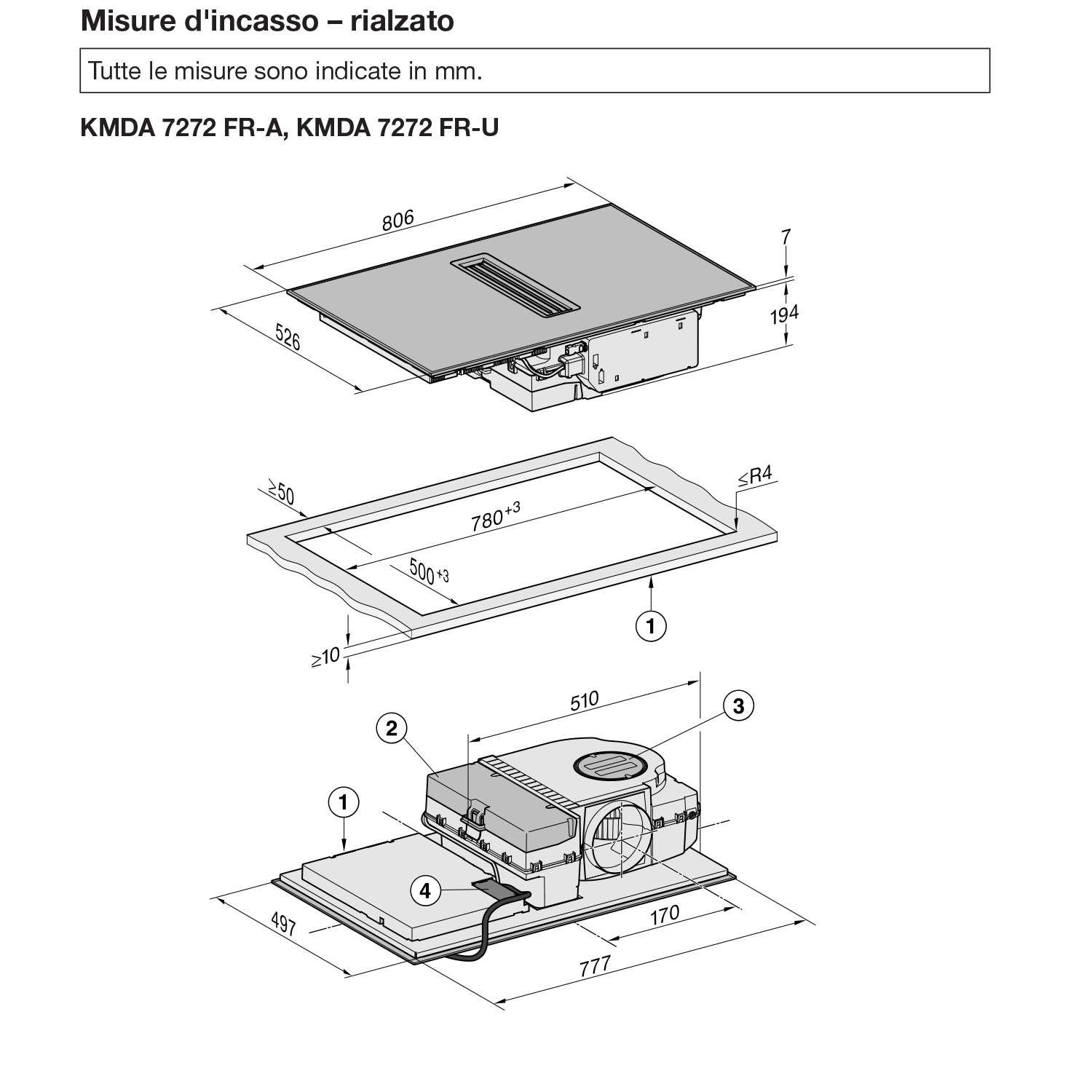Un disegno tecnico con dimensioni e parti etichettate di un elettrodomestico.