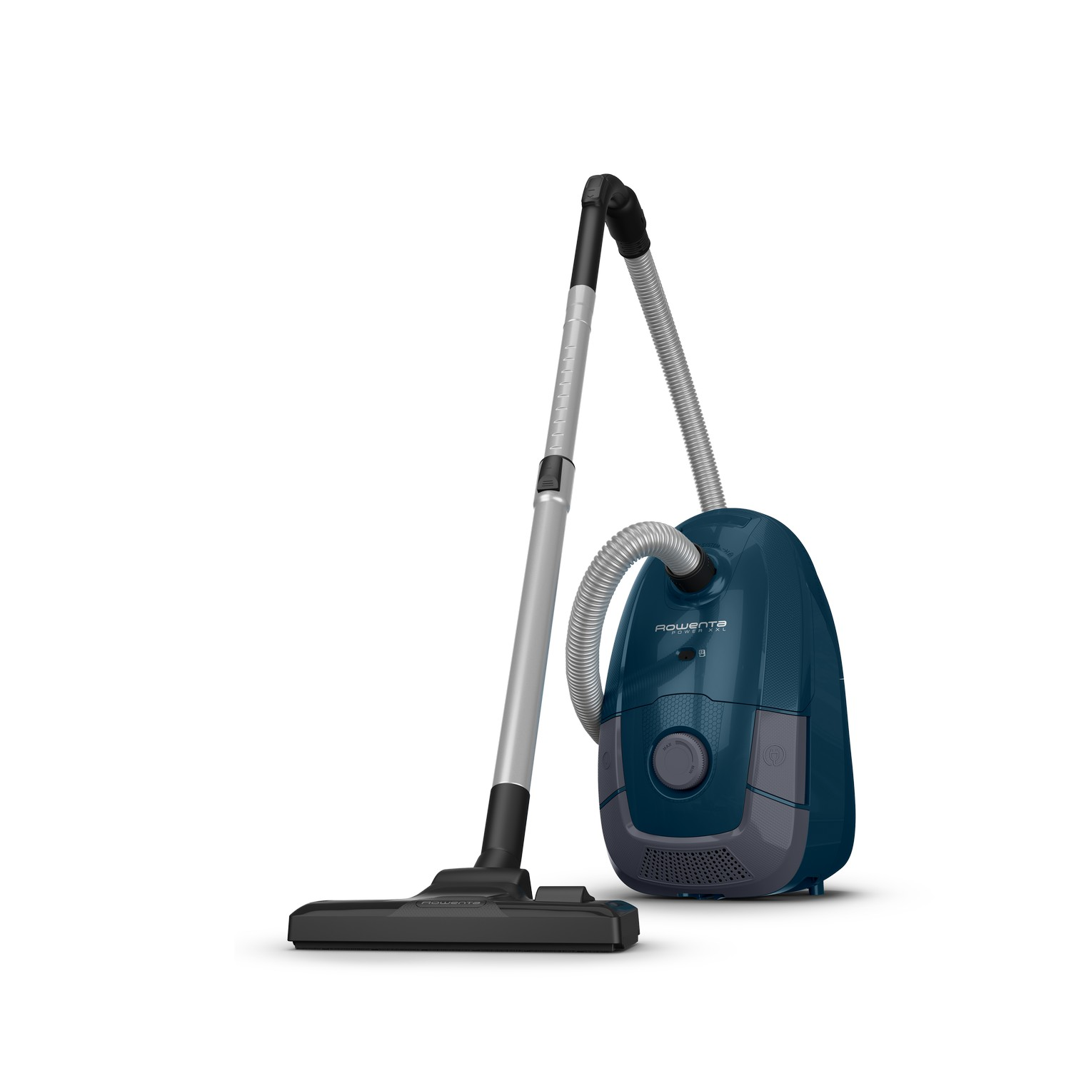 A blue vacuum cleaner with a silver hose and a black cleaning head.