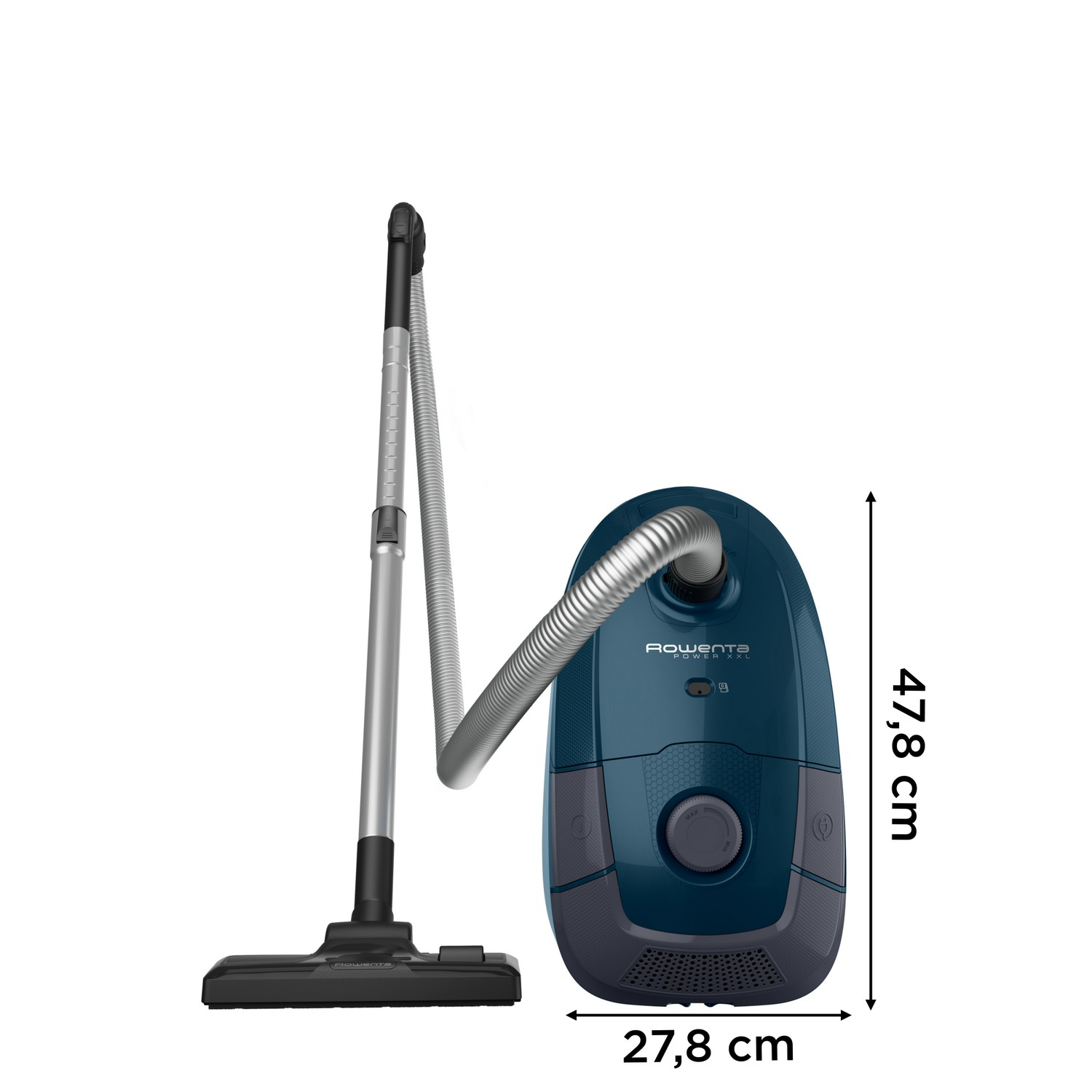 Blue vacuum cleaner with silver hose. The dimensions are 47.8 cm high and 27.8 cm wide.