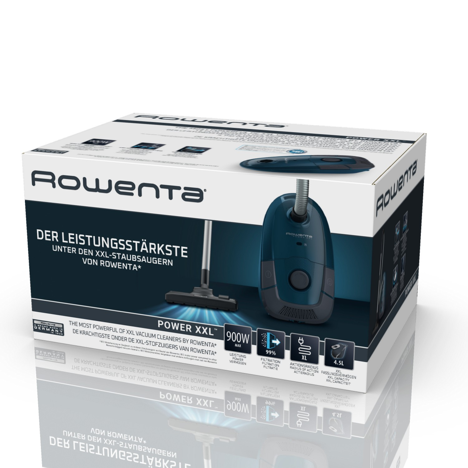 Rowenta vacuum cleaner box. The box shows the vacuum and its features.