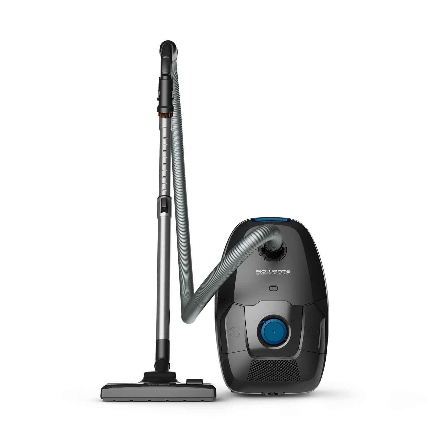 A black vacuum cleaner with a silver hose and brush head, on a white background.