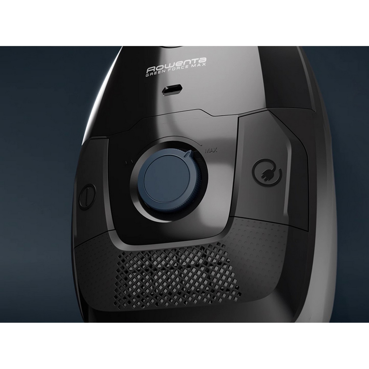 Close up of a black vacuum cleaner with a blue dial.
