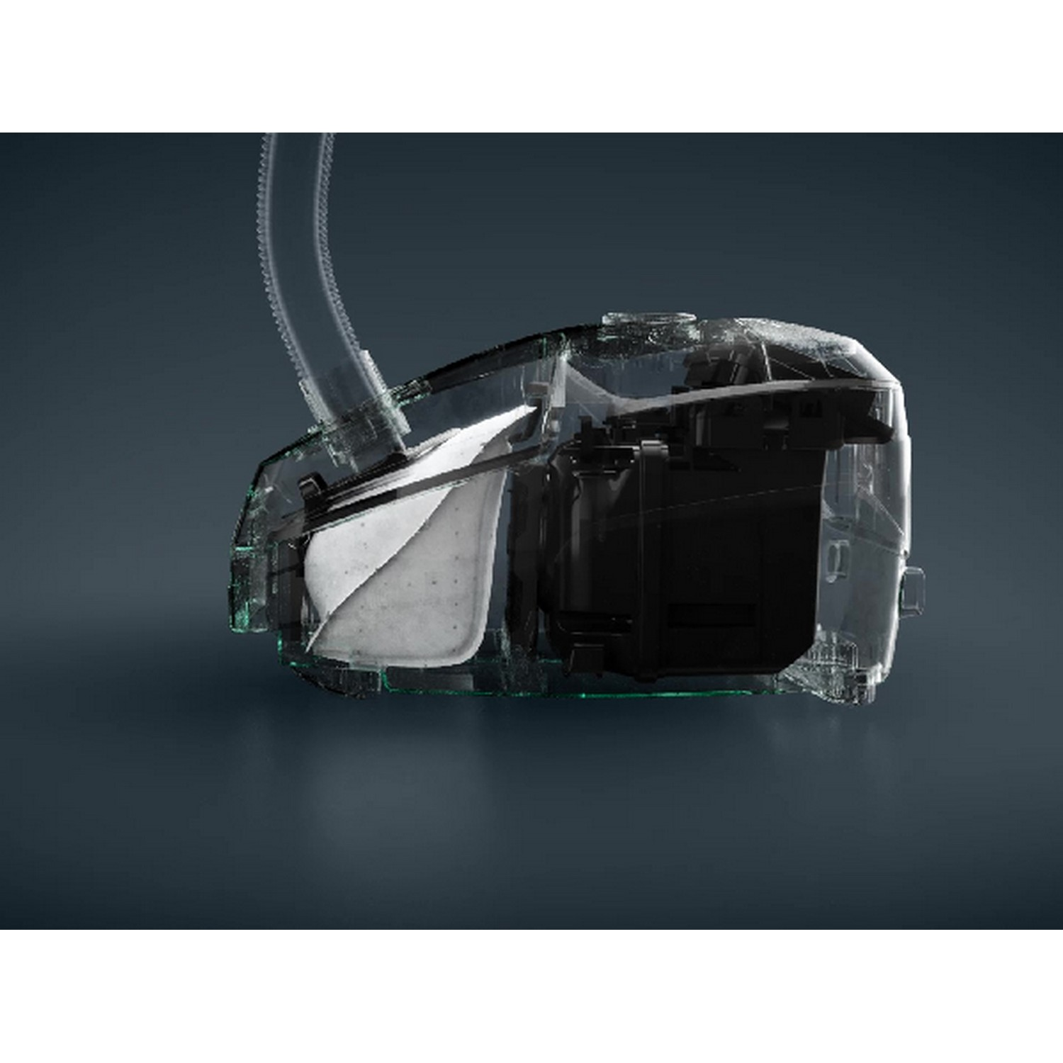 A transparent vacuum cleaner interior showing filters and components on a dark background.