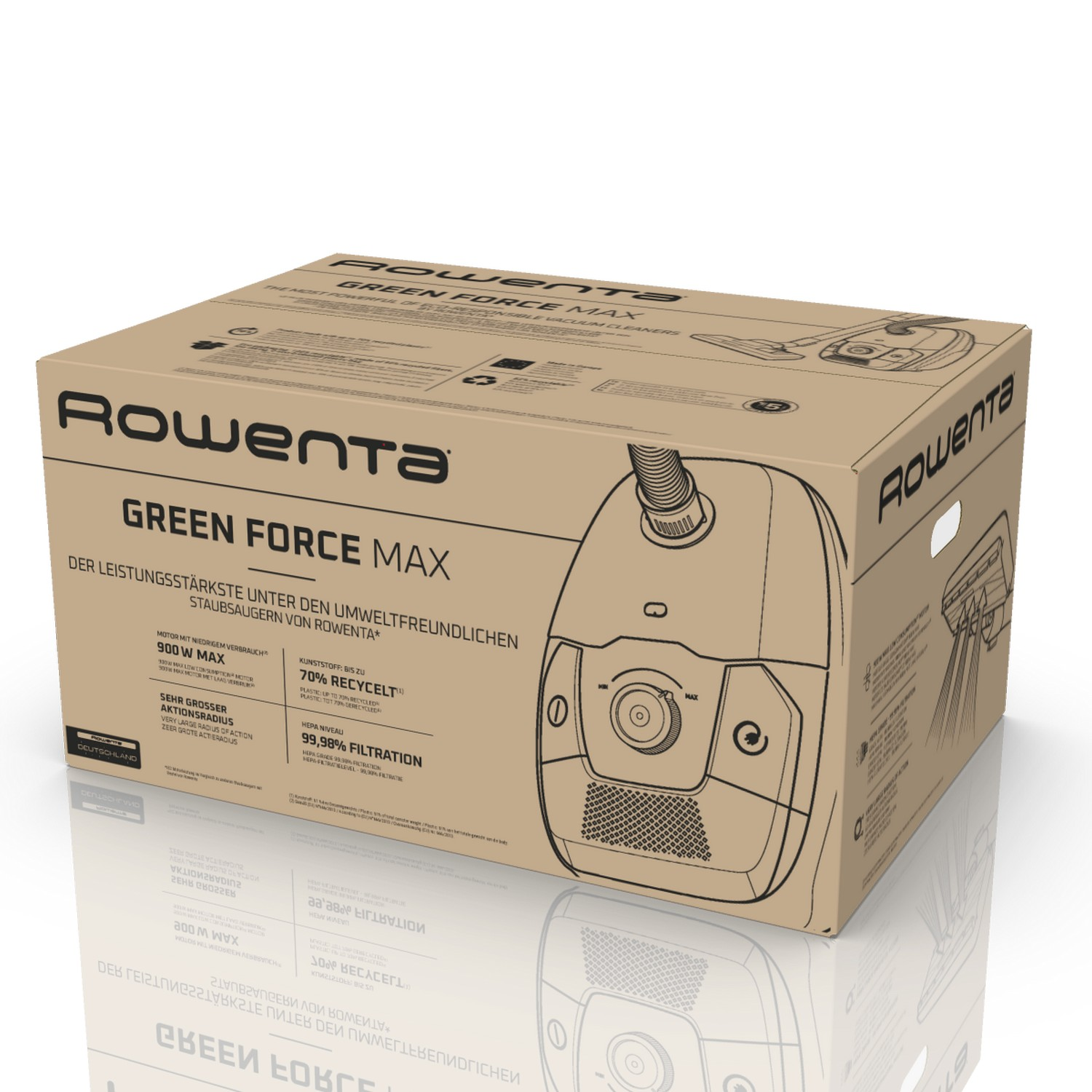A brown Rowenta vacuum cleaner box with the vacuum outline.