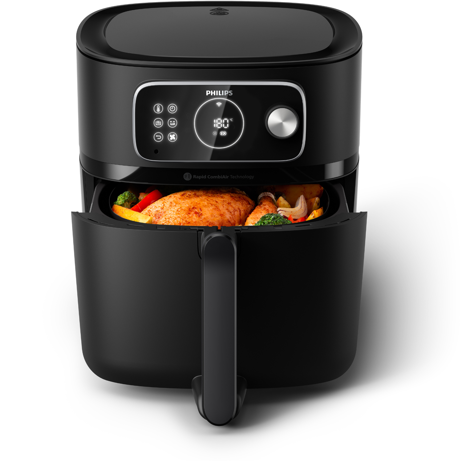Friteuse à air noire avec de la nourriture à l'intérieur. La nourriture semble cuite.