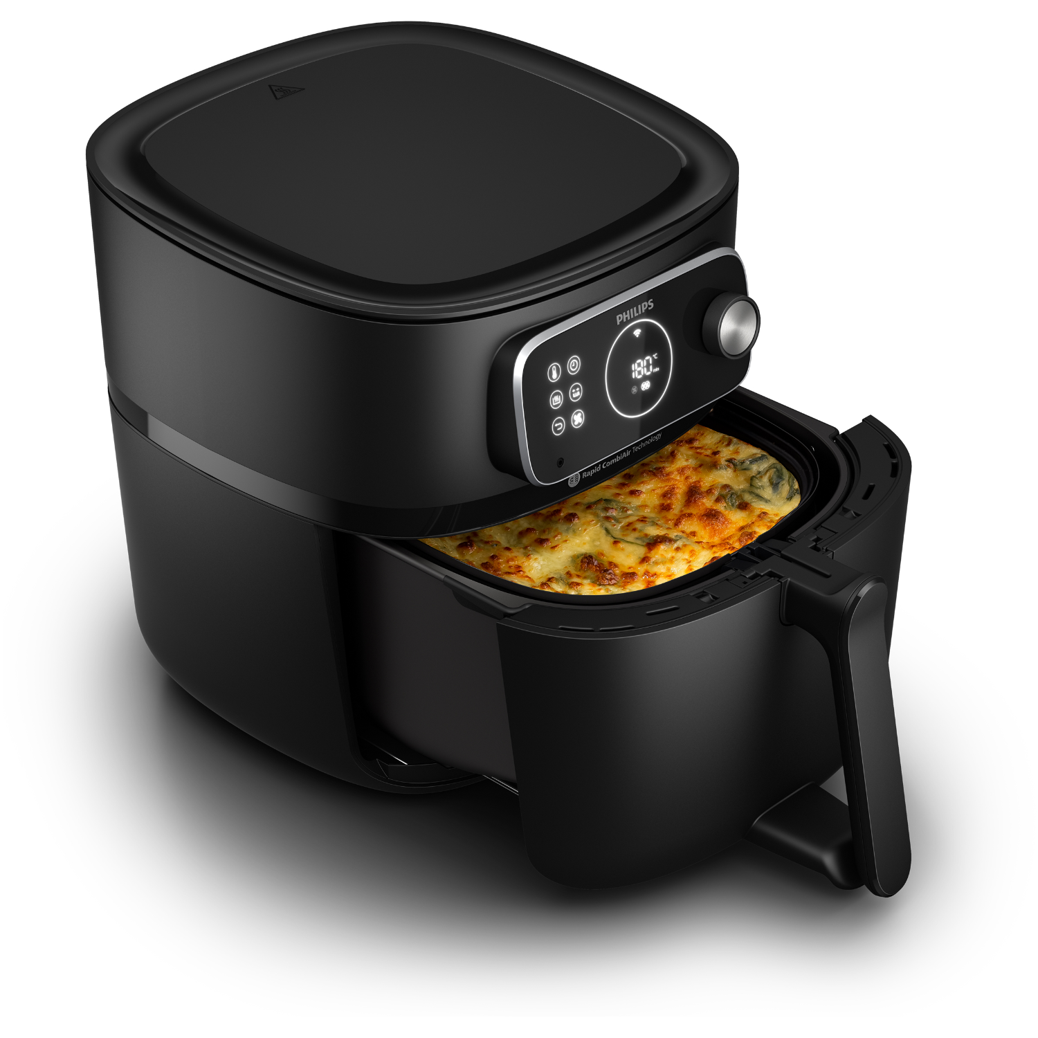Friteuse à air Philips noire avec de la nourriture à l'intérieur, panneau de commande et poignée.
