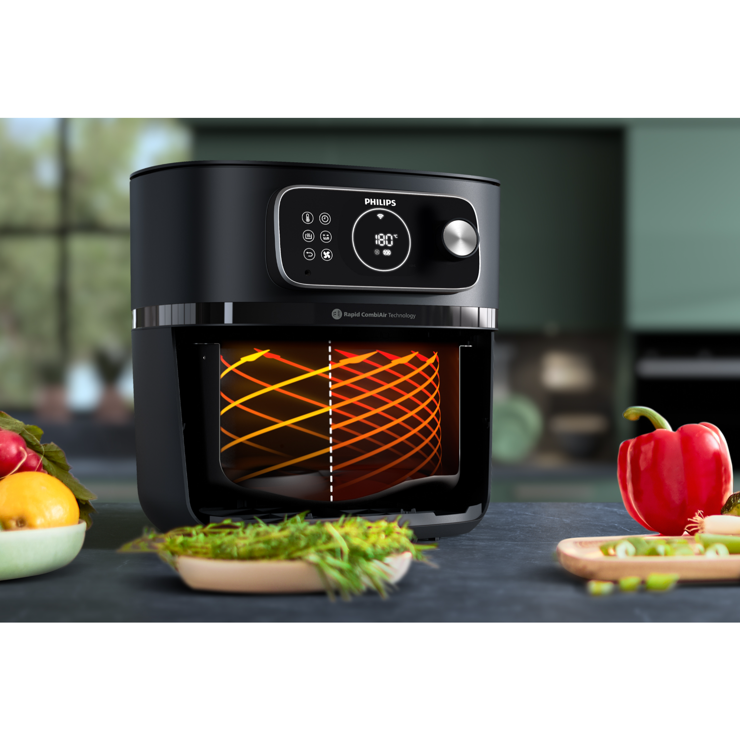 Friteuse à air noire avec compartiment ouvert, aliments et légumes.