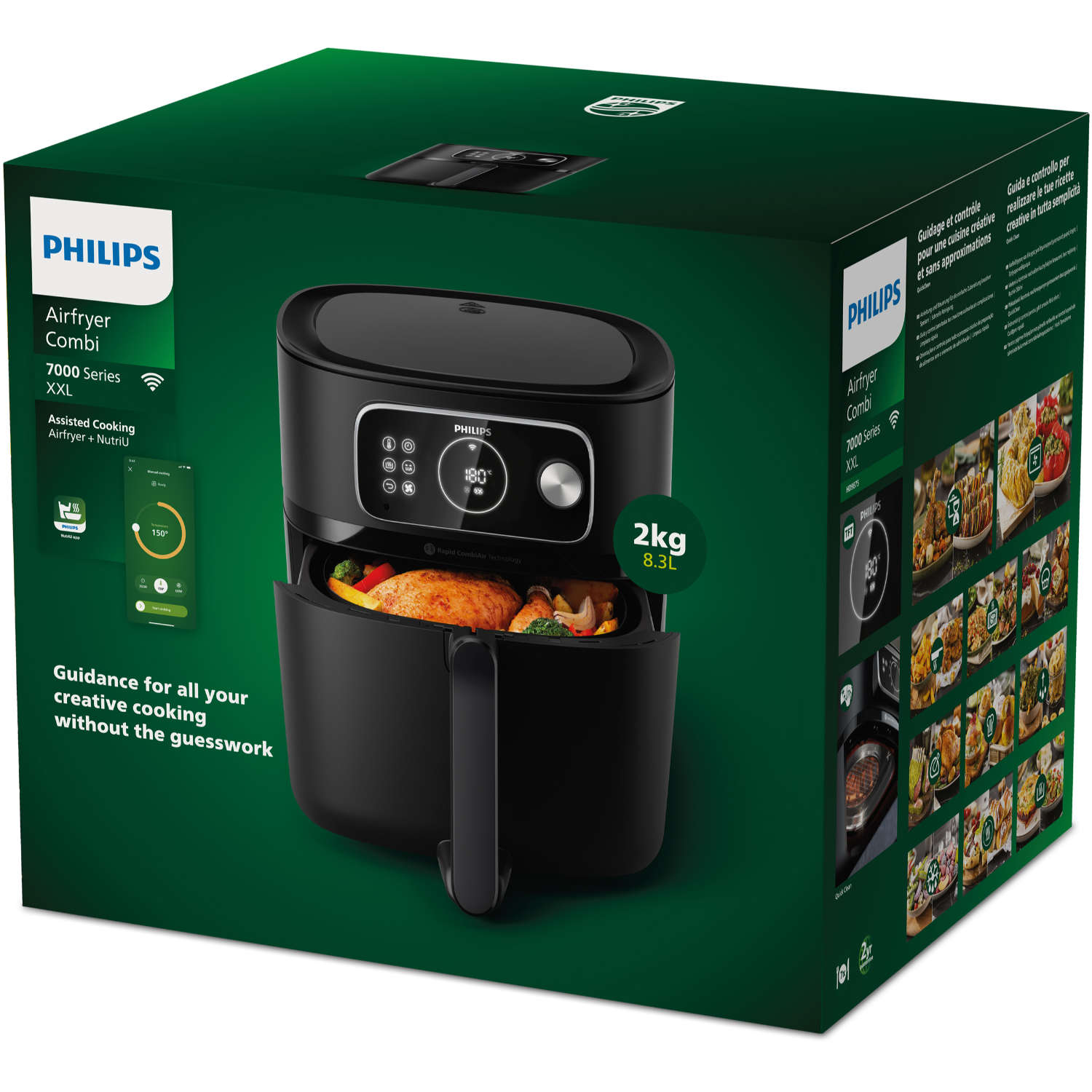 Boîte de friteuse à air noire avec une friteuse à air noire. La boîte affiche des informations sur le produit et des images d'aliments cuits.