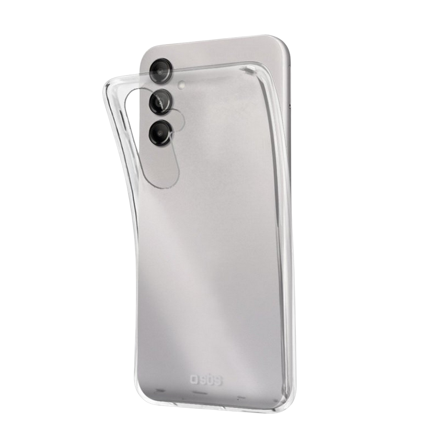 Coque de téléphone transparente avec trois objectifs d'appareil photo, sur un téléphone. Le téléphone est gris clair.