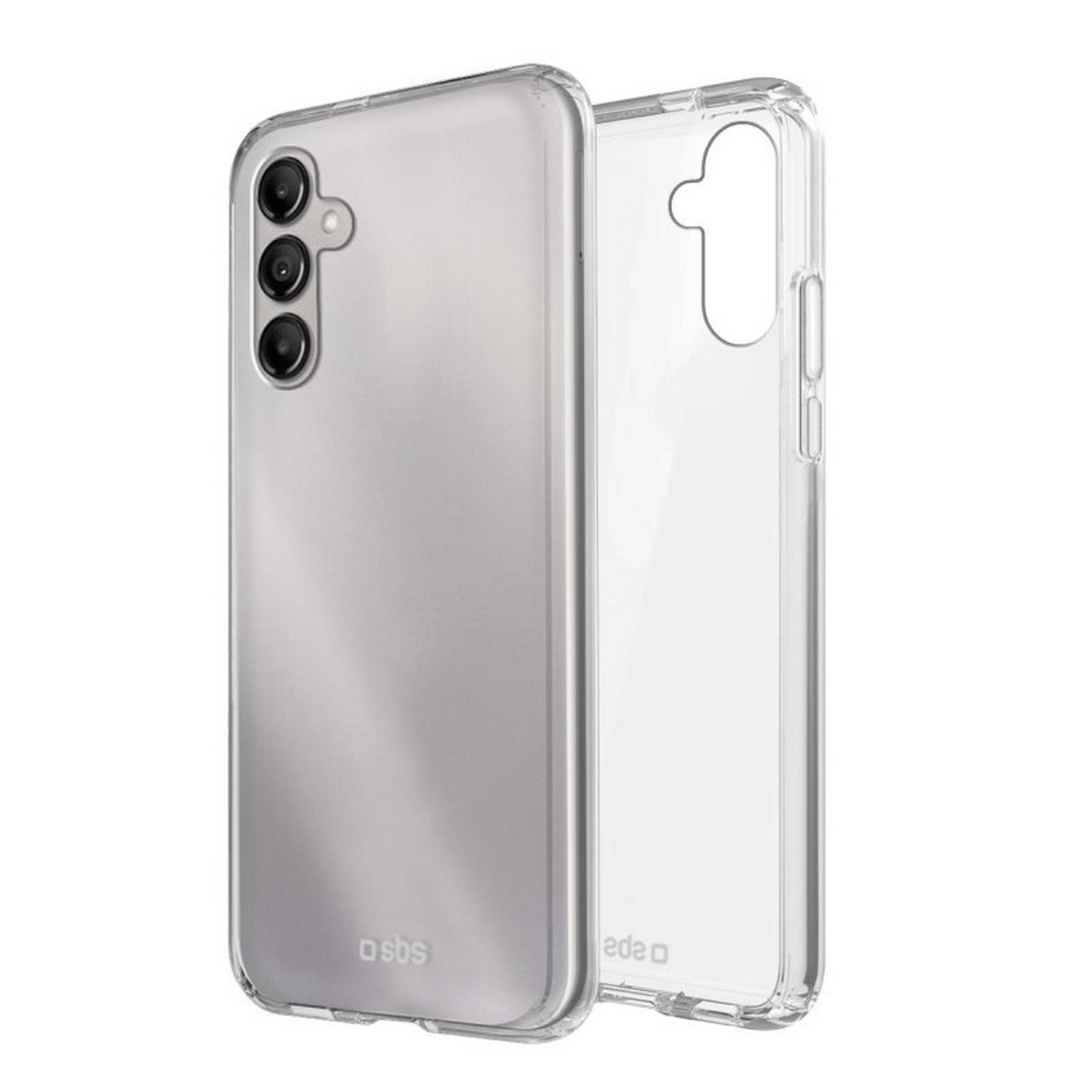 Deux coques de téléphone transparentes, dont une avec un téléphone, sur fond blanc.