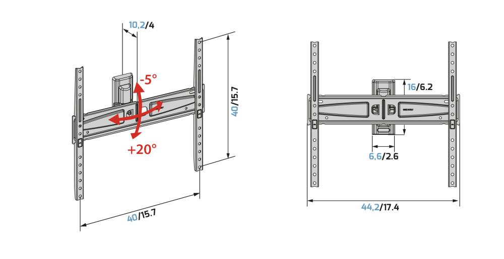 TV tartó diagramja mérésekkel és szögletes nyilakkal.