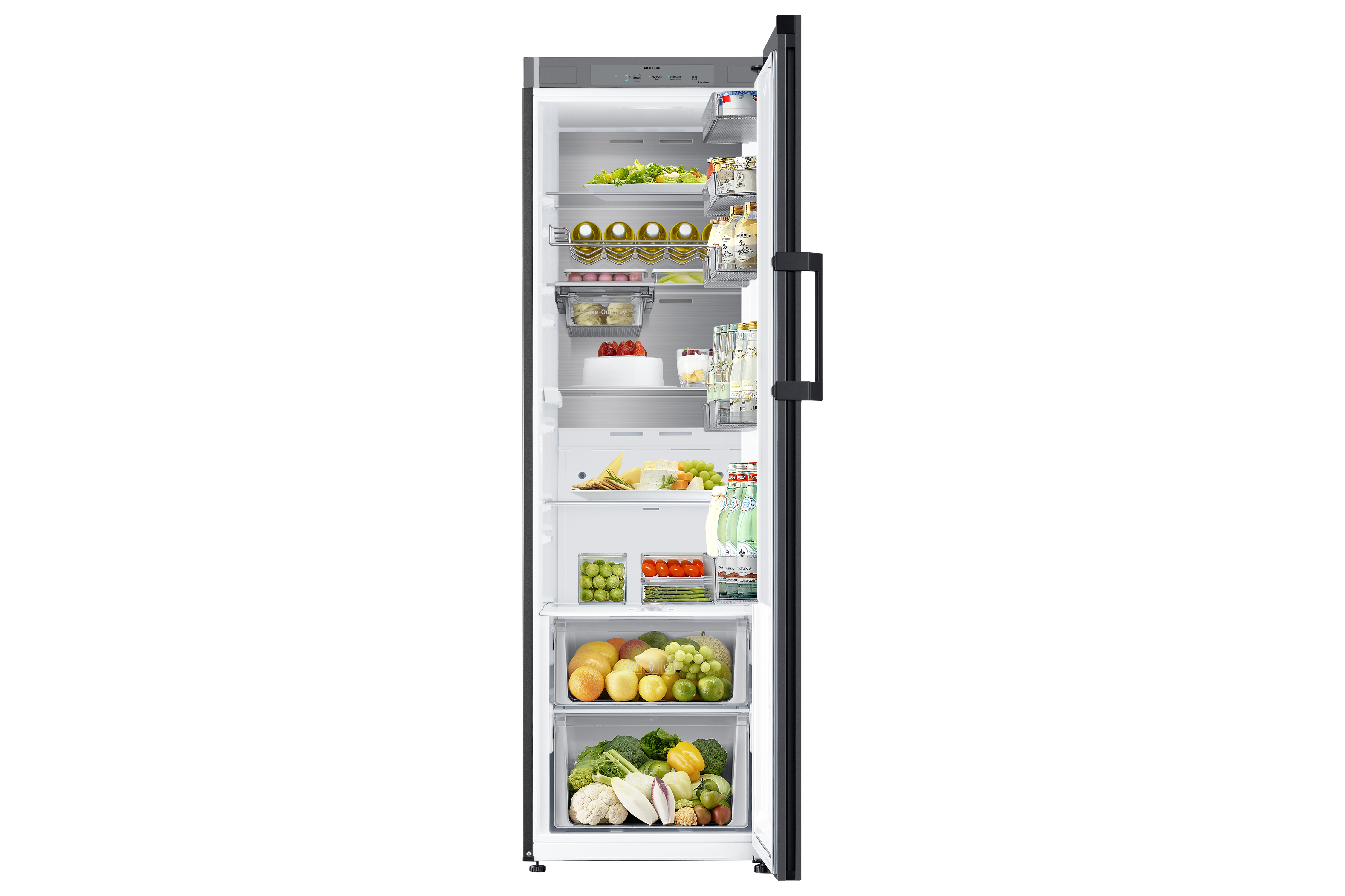 Refrigerador negro abierto lleno de alimentos en estantes y cajones. Interior blanco.