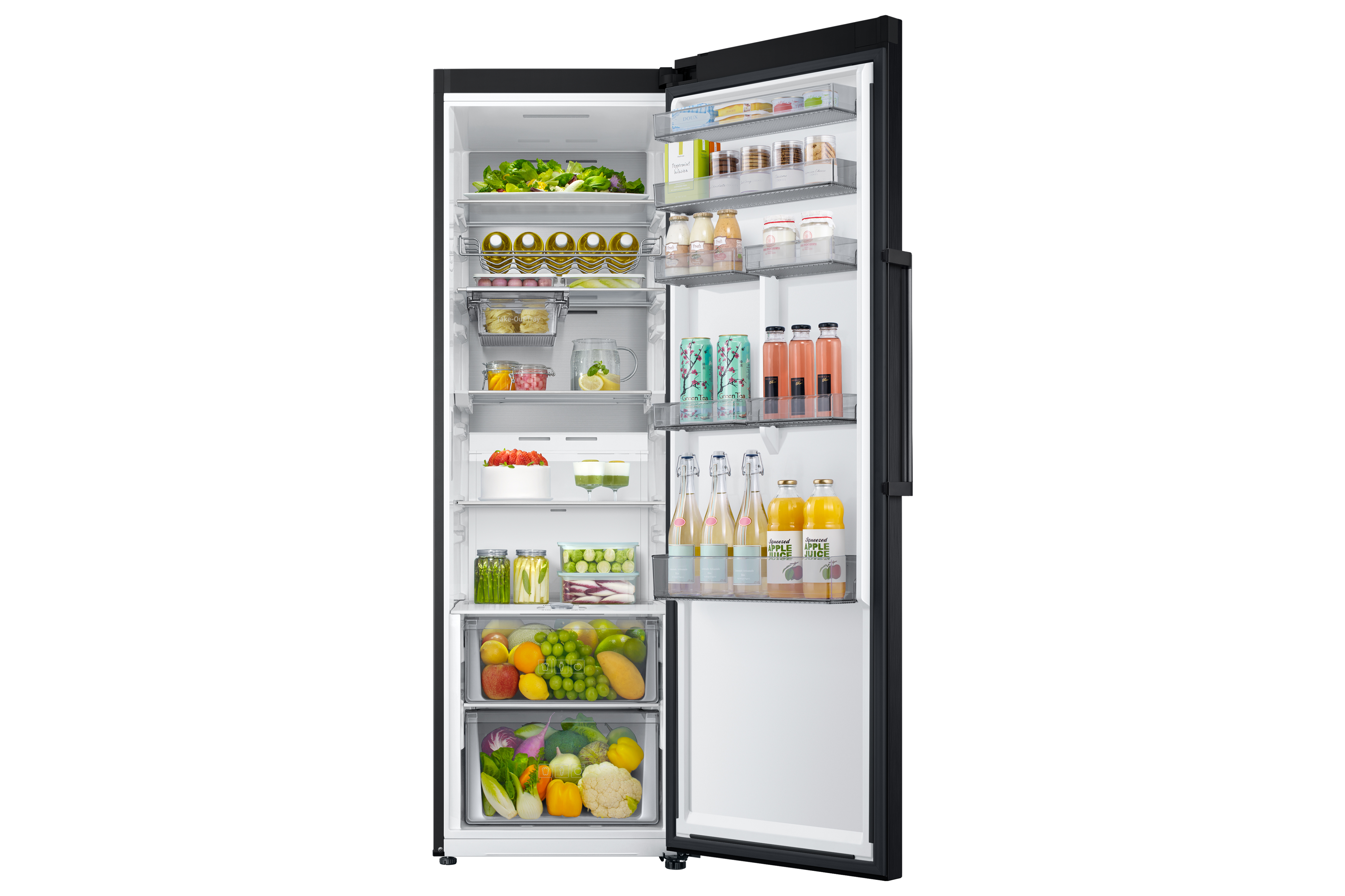 Un refrigerador con la puerta abierta, lleno de alimentos.