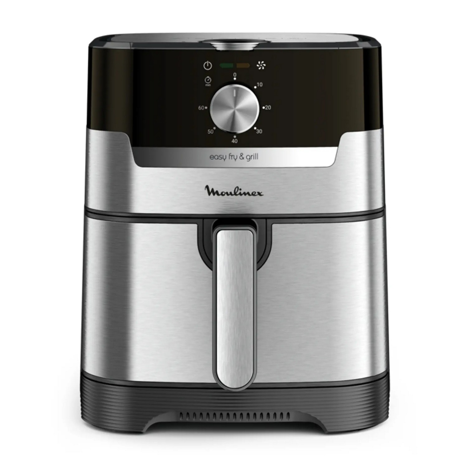 An air fryer on a white background. It is silver and black with a control panel.