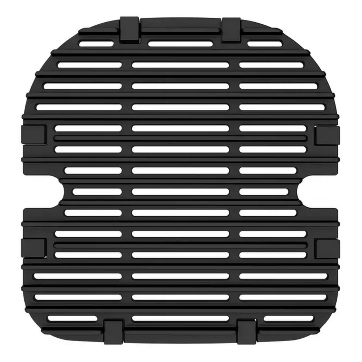 A black grill grate with many horizontal bars and two cutouts on the sides.