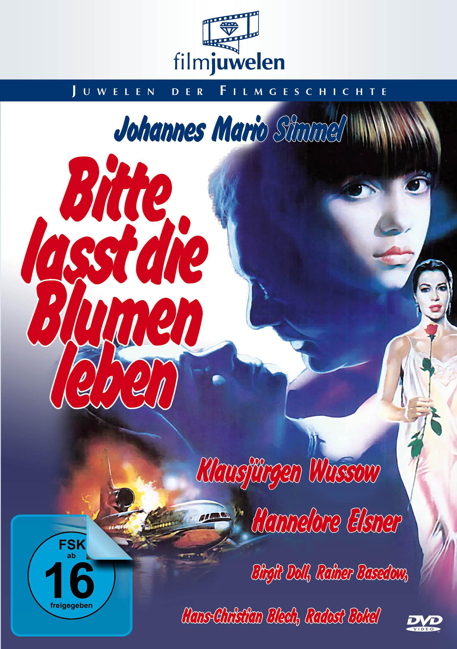 Filmposter, Bitte lasst die Blumen leben, mit Flugzeugabsturz und Menschen, Rot- und Blautöne.