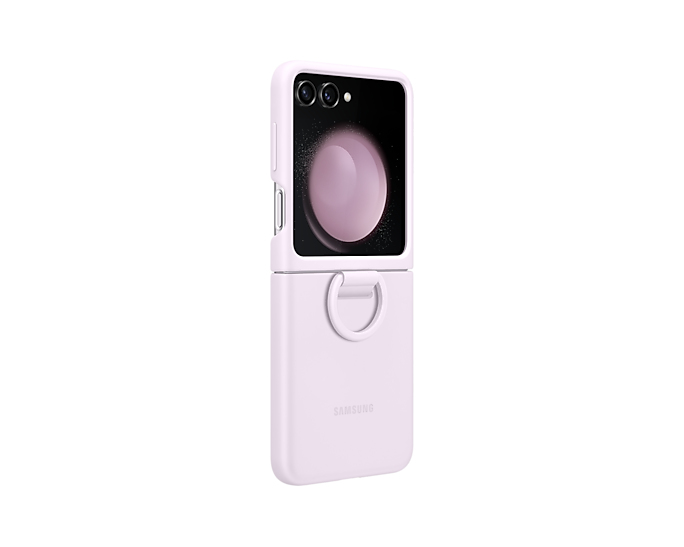 Funda de teléfono Samsung Galaxy Z Flip lila claro, plegada, fondo blanco.