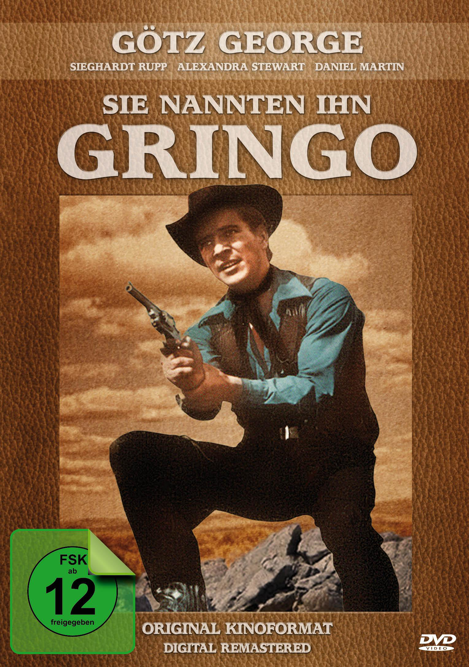 Ein Filmplakat mit einem Mann mit Cowboyhut, der eine Waffe hält. Der Titel lautet Sie Nannten Ihn Gringo.