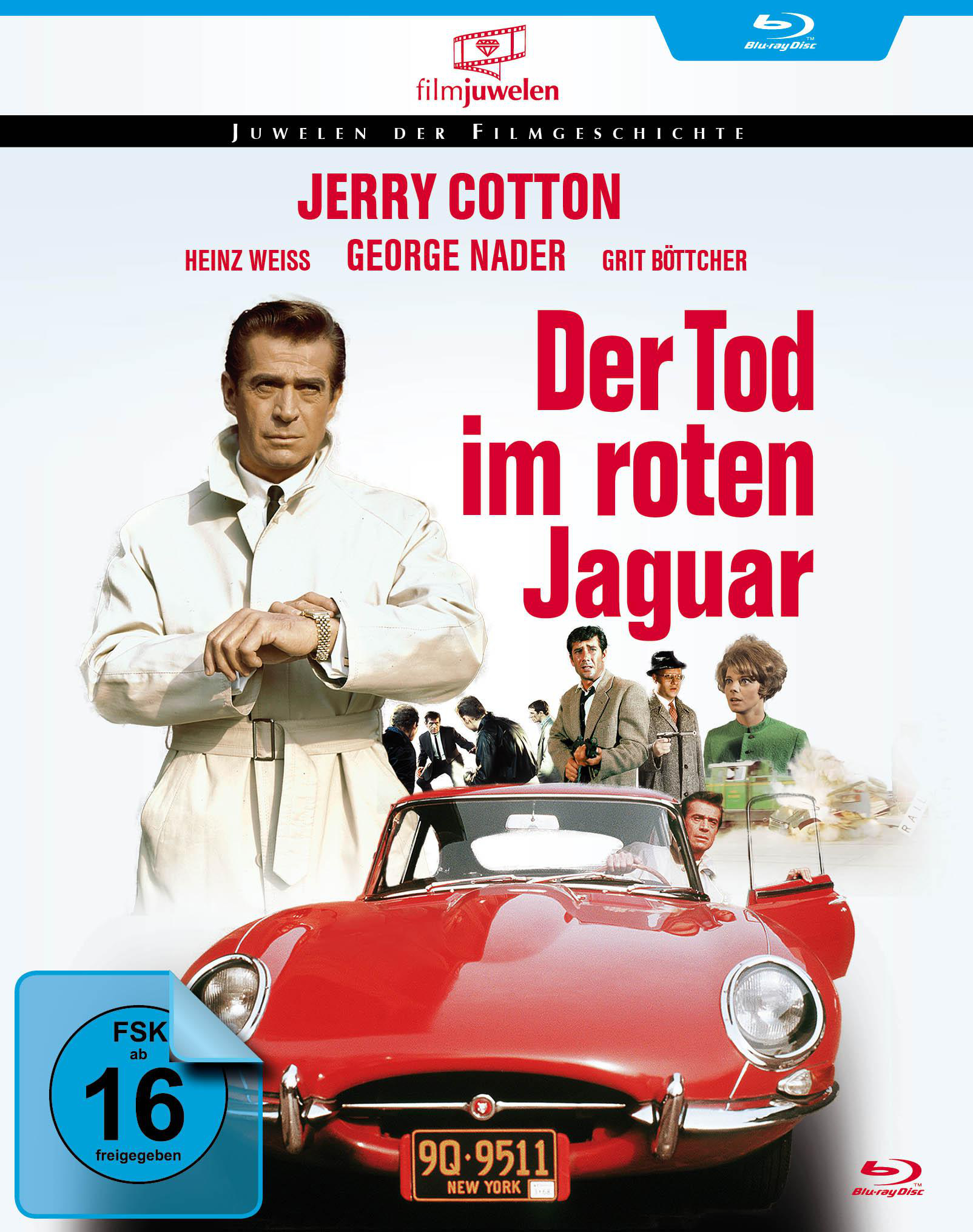 Filmposter: 'Der Tod im roten Jaguar'. Ein Mann im Mantel, ein rotes Auto und eine Gruppe von Leuten.
