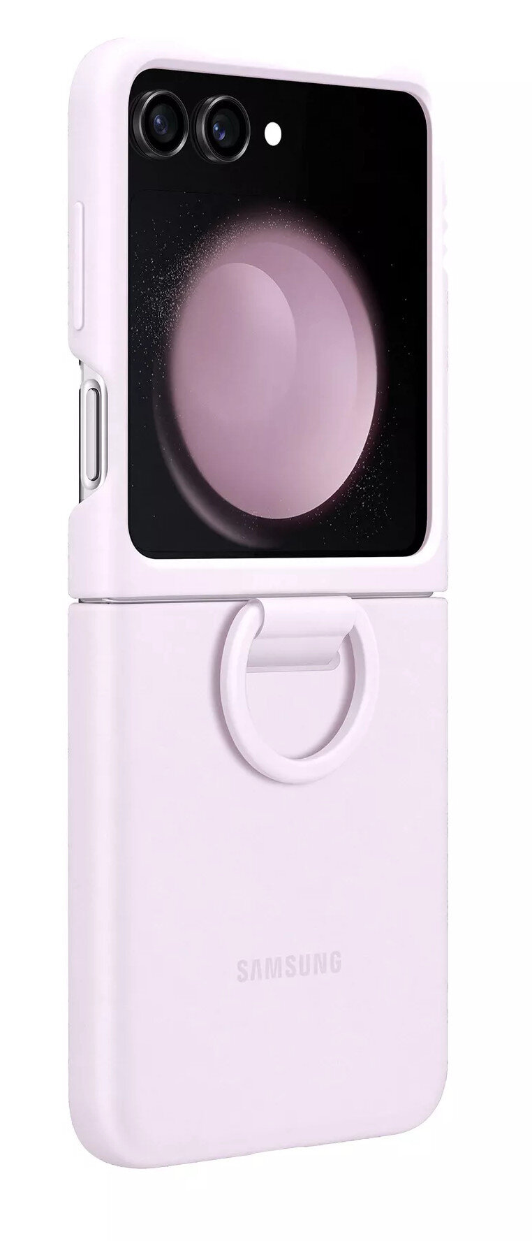 Jasnofioletowy telefon Samsung, zamknięty z pierścieniem na dole. Białe tło.