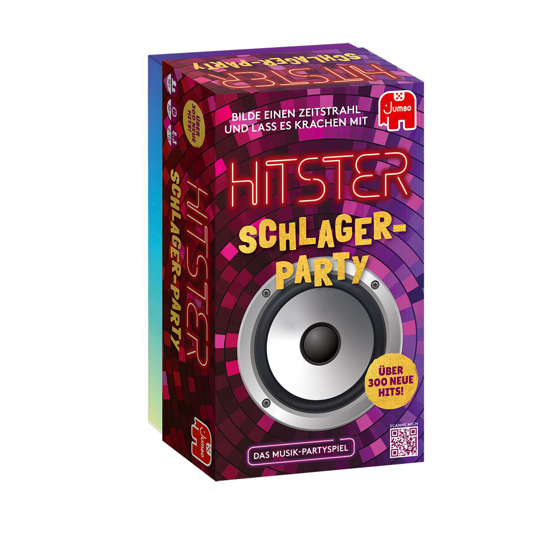 Schachtel für das Spiel Hitster Schlager Party. Helle Farben und ein Bild eines Lautsprechers auf der Vorderseite.