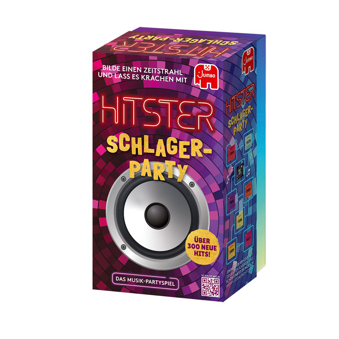 Schachtel eines Musik-Party-Spiels namens 'Hister Schlager Party' mit einer großen Lautsprechergrafik darauf.