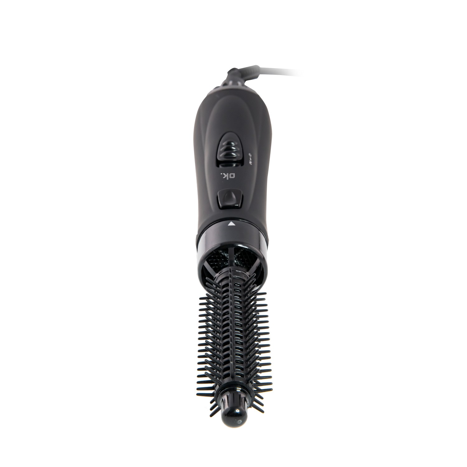 A black hairbrush with a long handle and a rotating brush head.