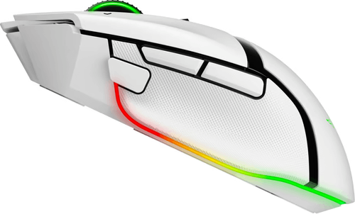 Ratón gaming blanco con iluminación RGB lateral y en la rueda de desplazamiento.