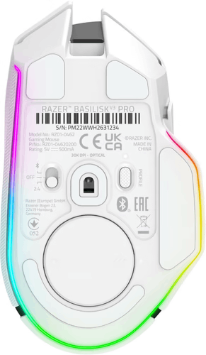 Ratón Razer Basilisk V3 Pro blanco, vista inferior, con iluminación RGB en bordes.