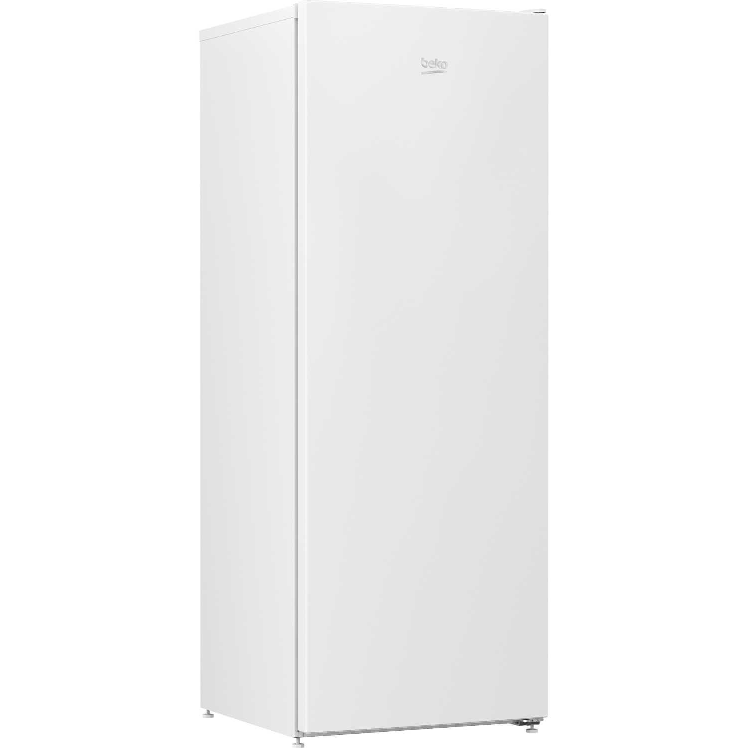 A white Beko refrigerator against a black background. It is tall and has a simple design.