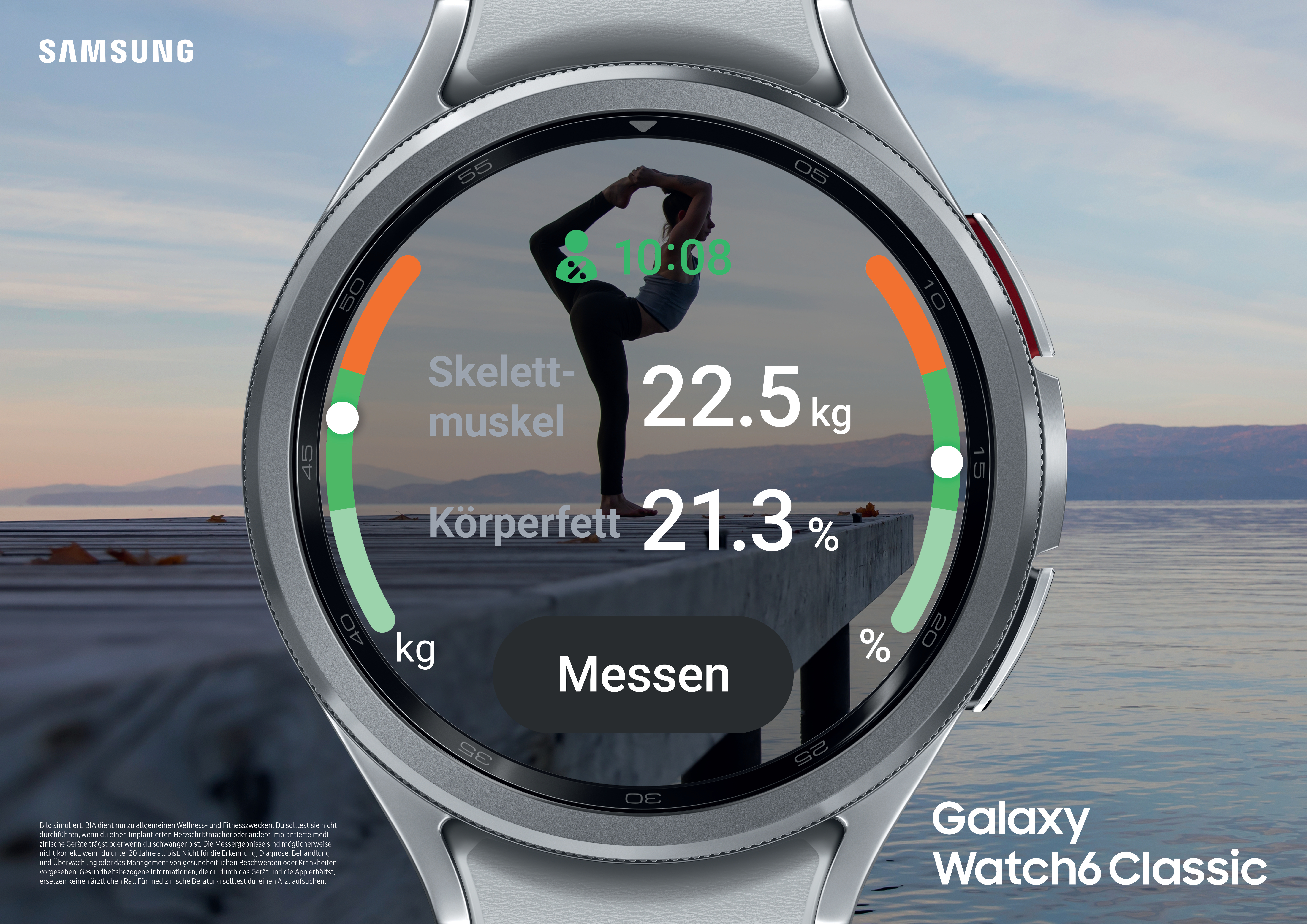 Eine Smartwatch zeigt Daten wie Körperfett- und Skelettmuskel-Prozentsätze.
