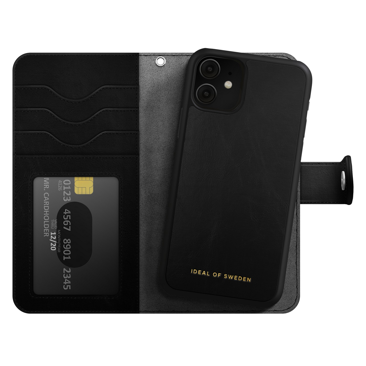 Un étui de téléphone noir avec un téléphone noir. Style portefeuille. Emplacements pour cartes et argent. Marque dorée.