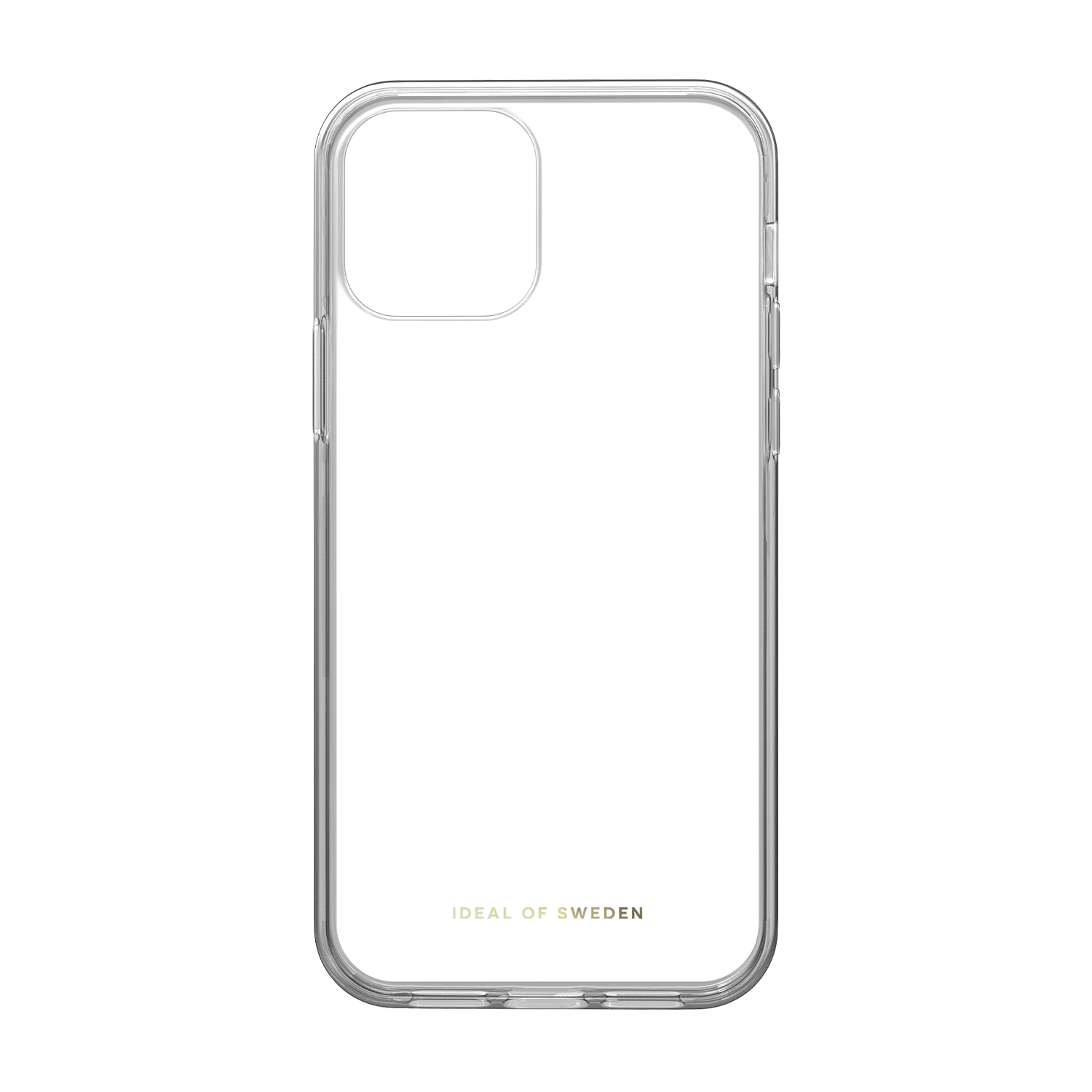 Coque de téléphone transparente avec texte doré 'IDEAL OF SWEDEN' sur fond noir.