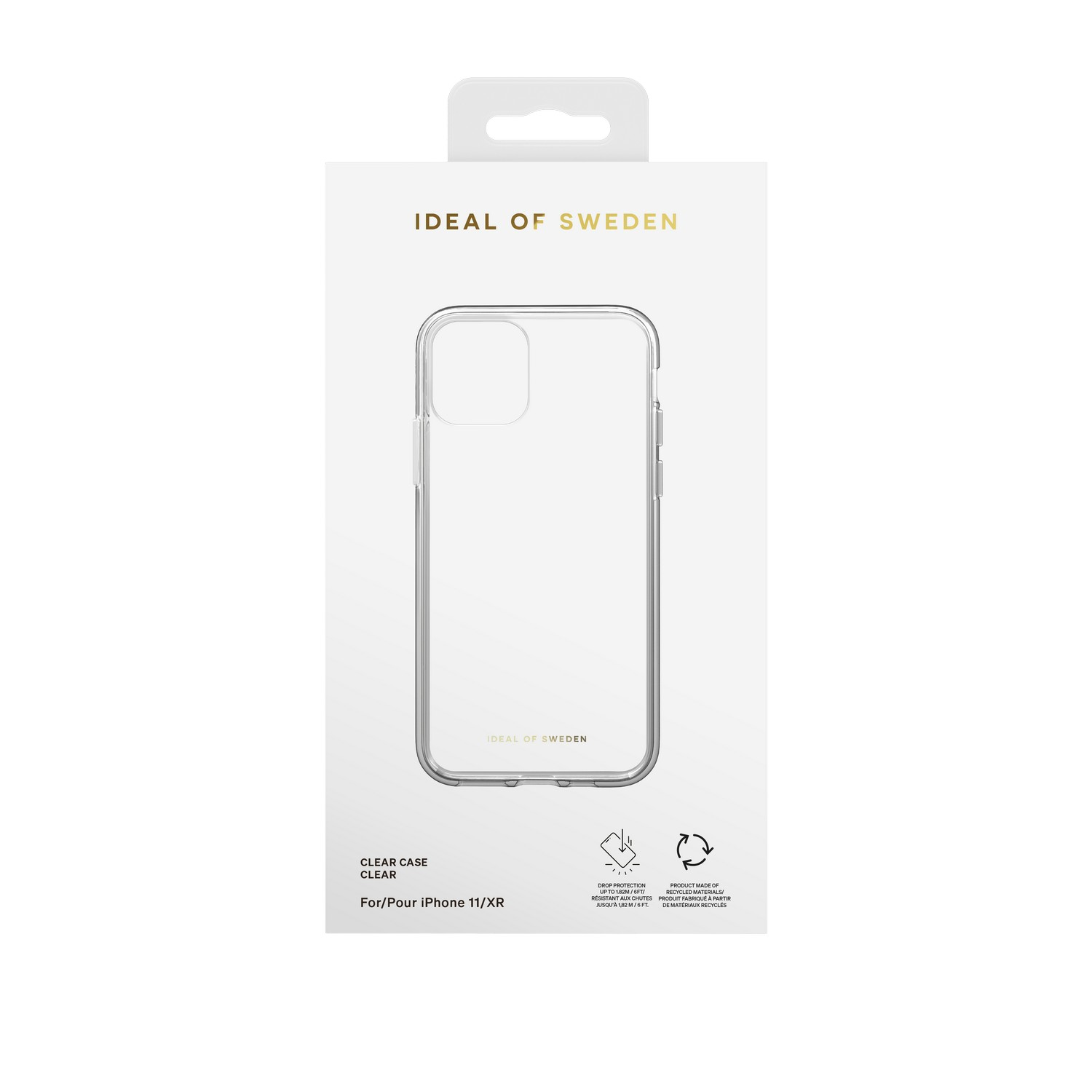 Coque de téléphone transparente dans son emballage, avec la marque Ideal of Sweden.