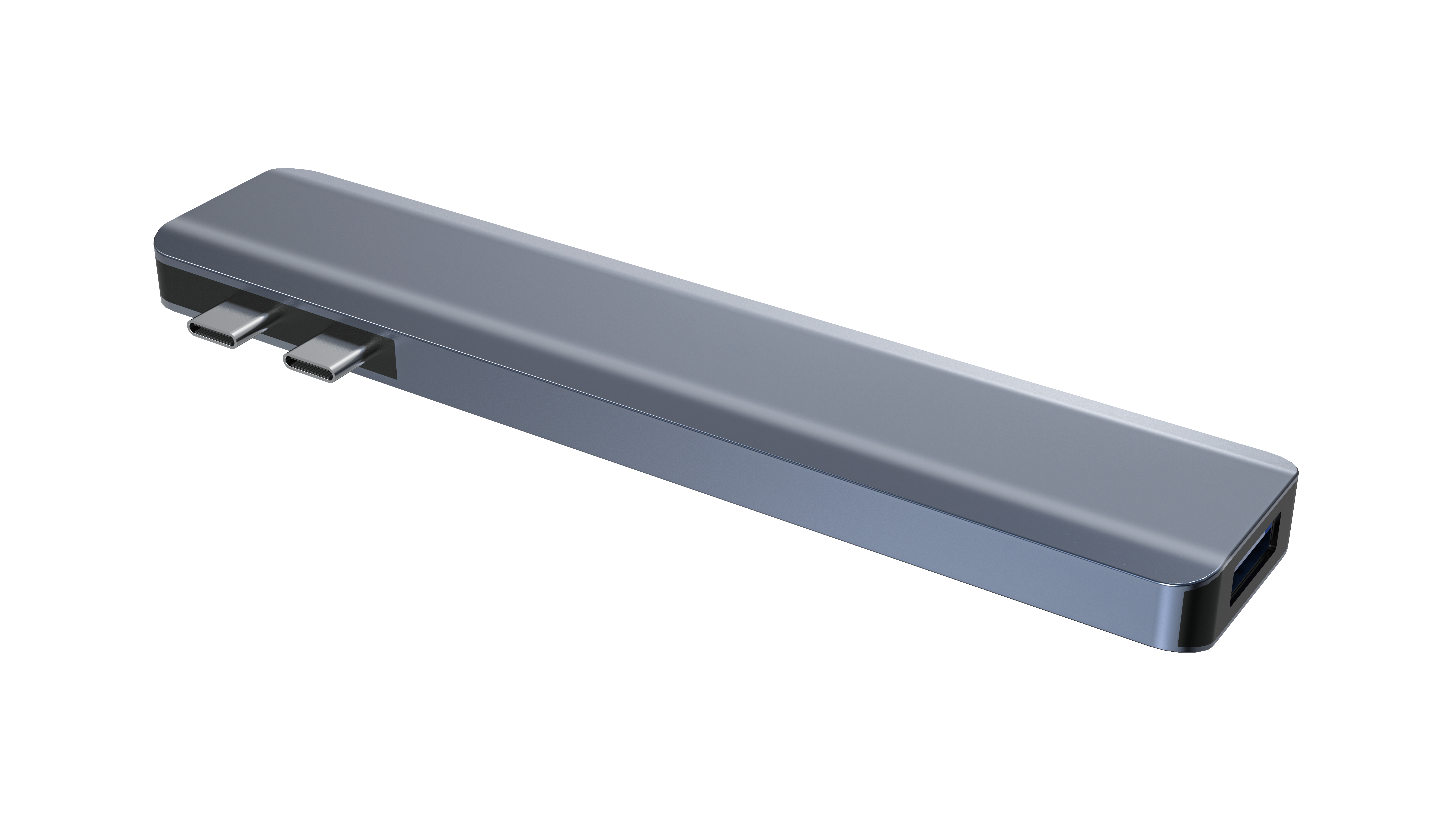 Ein grauer USB-C-Hub mit mehreren Anschlüssen auf weißem Hintergrund.