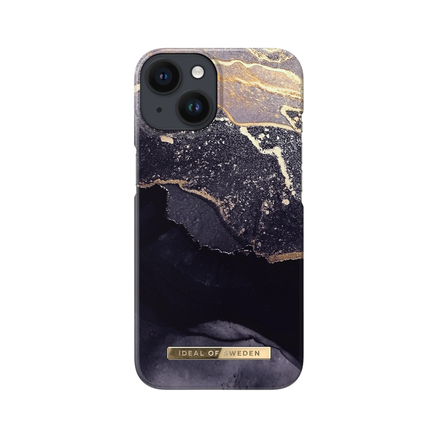 Telefoonhoesje met marmerachtig design, zwart en goud. Ideal of Sweden logo.