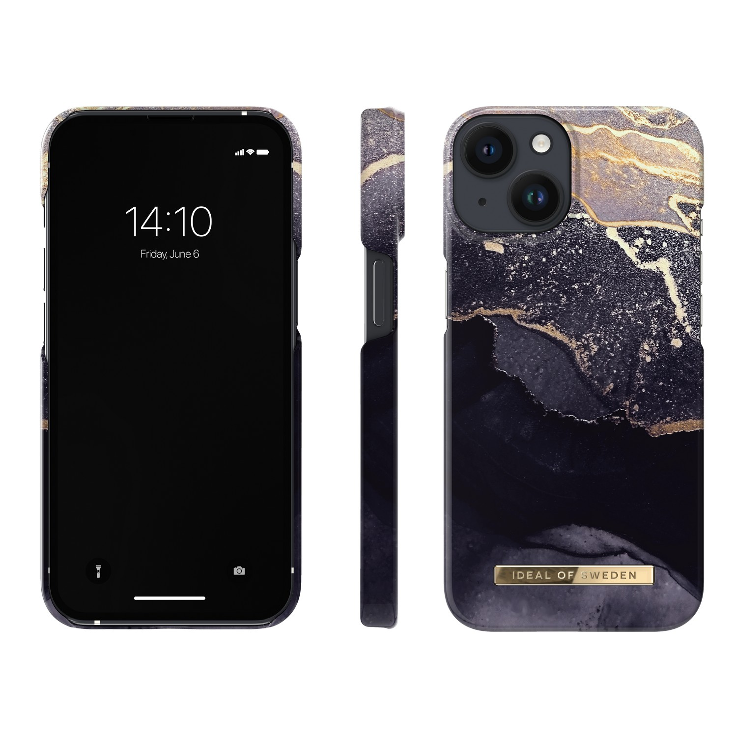 Drie aanzichten van een telefoonhoesje met een marmerontwerp. De telefoon staat links.